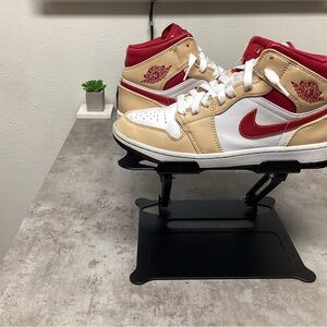 Nike Air Jordan 1 Mid Light Curry Cardinal (GS) Red and Tan Sneakers